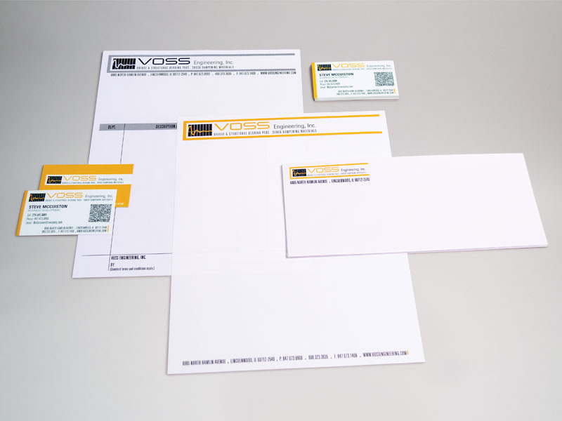 photo of Voss Engineering letterhead, business cards, invoice and letterhead