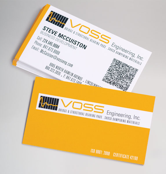 closd up photo of the Voss Engineering business cards